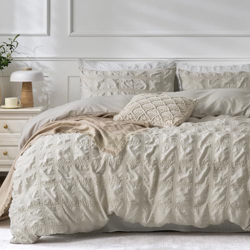 Image of JELLYMONI Seersucker Duvet Cover Set King, 3pcs Oatmeal-Grid Polyester | In Spacious Master, Couples & Pets, Crinkled Texture, Oeko-Tex Certified, 8 Corner Ties & Hidden Zipper