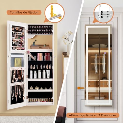 RELAX4LIFE Armario para Joyas de Pared con 2 Espejos y Luz LED Táctil, Estantería para Joyas de Puerta con Cerradura y Llaves para Pendientes, Collares, Anillos y Cosméticos, 40x12,5x120cm (Blanco) - imagen 7