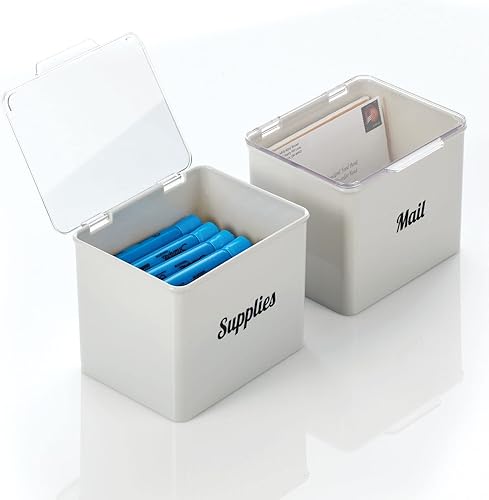 mDesign Caja organizadora de plástico apilable para el hogar, suministros de oficina con tapa con bisagras, para blocs de notas, bolígrafos de gel,