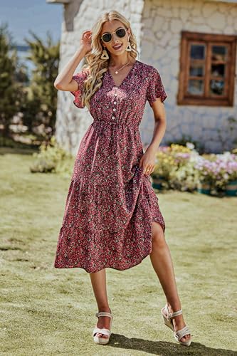 PRETTYGARDEN Summer Floral Dress for Women 2025 Casual Boho Short Sleeve Maxi Dresses V Neck Tiered Flowy Beach Sundress