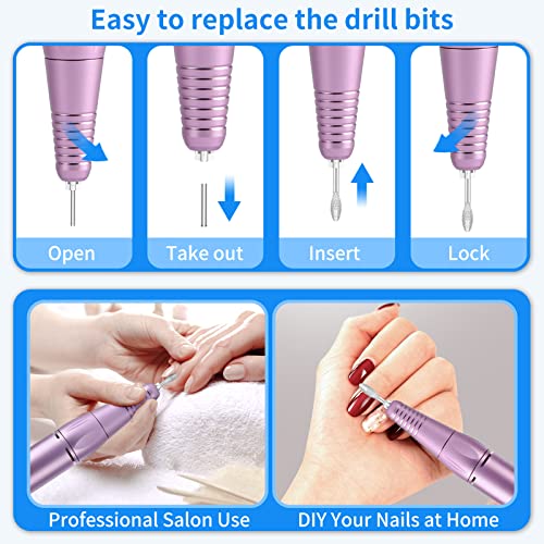 Portable Nail Drill Professional 35000 RPM, MOCOWIND Rechargeable Electric Nail File Machine E File for Acrylic Gel Polishing Removing, Cordless E-File with Bits Kit for Manicure Salon Home, Purple - image 6