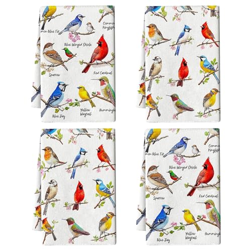 Birds on Branch Kitchen Towels Decorative Set of 4, Absorbent Cardinal Hummingbird Dish Towels for Cooking Baking, Bird Gifts for Bird Lovers Women, Hand & Tea Towel for Kitchen Bar Christmas Decor