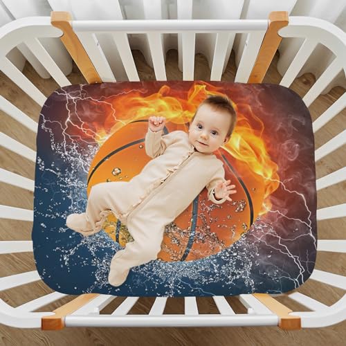 Image of Burning Basketball Crib Sheets Stretchy Portable Sheets for Baby Toddler Breathable Soft Crib Mattress Sheet for Girls Boys