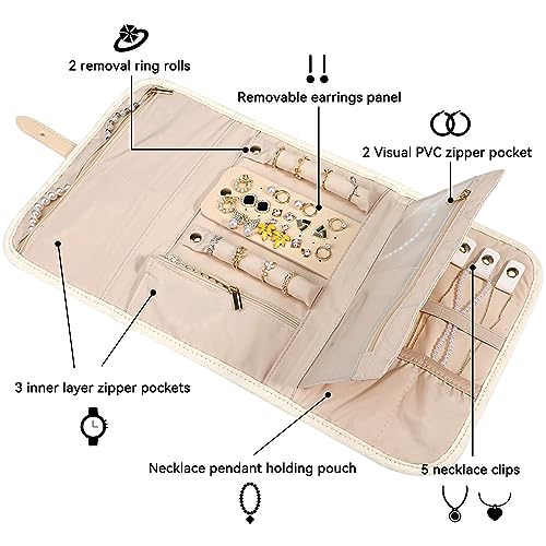 Voova Travel Jewelry Organizer Case, Large Foldable Bag for Women Girls, Apricot