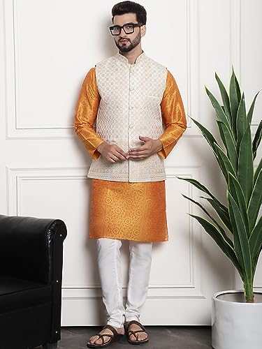 Image of Sojanya (Since 1958 Men'S Silk Blend Kurta Pyjama & Nehru Jacket Combo