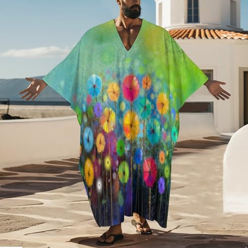 Seasonal Spring Summer Flowers Pattern Men's V-neck Robe Middle East Arabian Robe Butterfly Sleeves Kaftan2