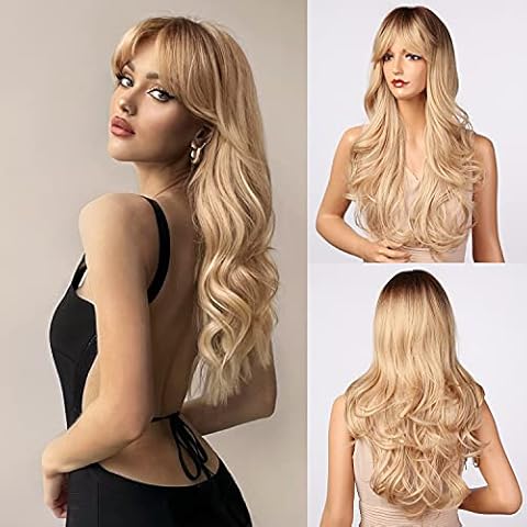 Honygebia Blonde Wig with Fringe - Long Wvay Ombre Blonde Wigs for Women, Synthetic Heat Resistant Natural Looking Blond Hair - Best Wigs for Halloween/Fancy Dress/Cosplay/Party Cover