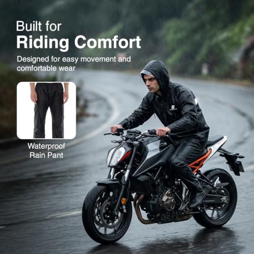 Image of Amazon Brand - Symactive Reversible Raincoat Set with Carry Pouch | Hood Jacket and Pant | Polyester Shell with Heat Sealed PVC Lining | Adjustable Button Cuffs | Plastic Peak Hood | Black, S