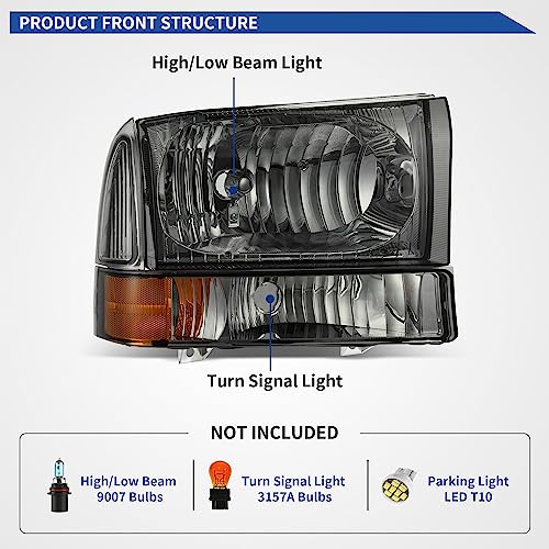 Image of oEdRo Headlight Assembly Compatible with 1999-2004 Ford F-250 F-350 F-450 F-550 Super Duty /2000-2004 Ford Excursion OE Headlamp Replacement Chrome Housing Amber Reflector Smoked Lens