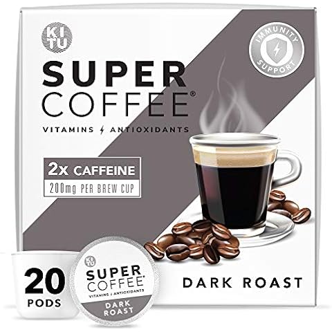 Super Coffee Pods, Energy & Immunity (2x Caffeine, Vitamins, Antioxidants) [Dark Roast] 20 Count | Keto Coffee Pods Compatible with Keurig 2.0 K-Cup Brewers Cover