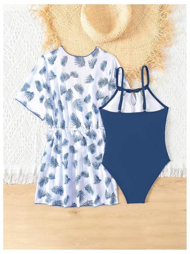 SHENHE Girl's One Piece Swimsuit with Cover Up Tropical Print Kimono Ruched Bathing Suit2