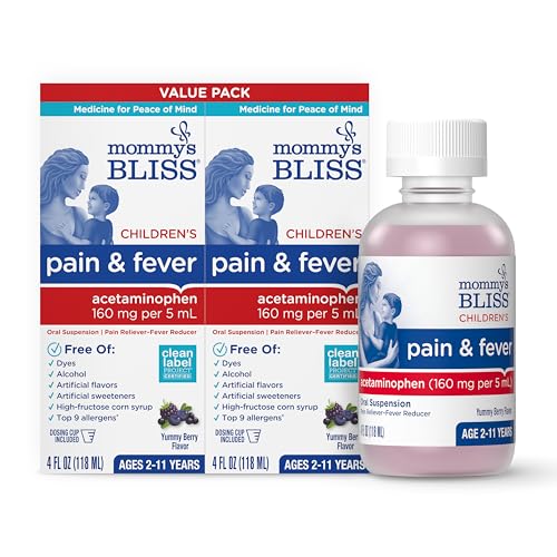 Image of Mommy's Bliss Children's Pain and Fever Reducer, Kids Acetaminophen, Dye Free, Delicious Mixed Berry Flavor, Ages 2+, 4 Fluid Ounces (Pack of 2)