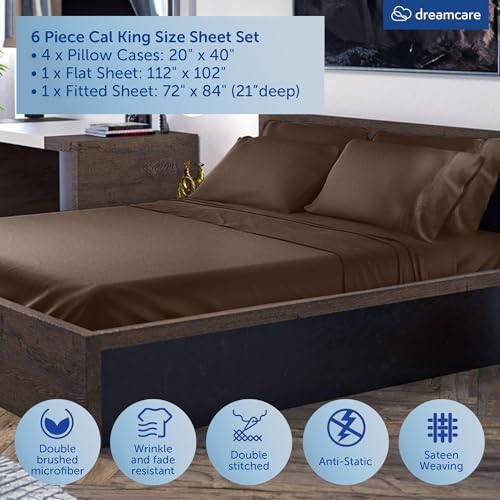 Image of DREAMCARE California King Sheet Sets - 6 pcs Breathable Cooling Sheets | up to 21 inch Extra Deep California King Sheets with Side Pockets -Extra Soft 100% Double Brushed Hotel Luxury Bedding MochaBrown
