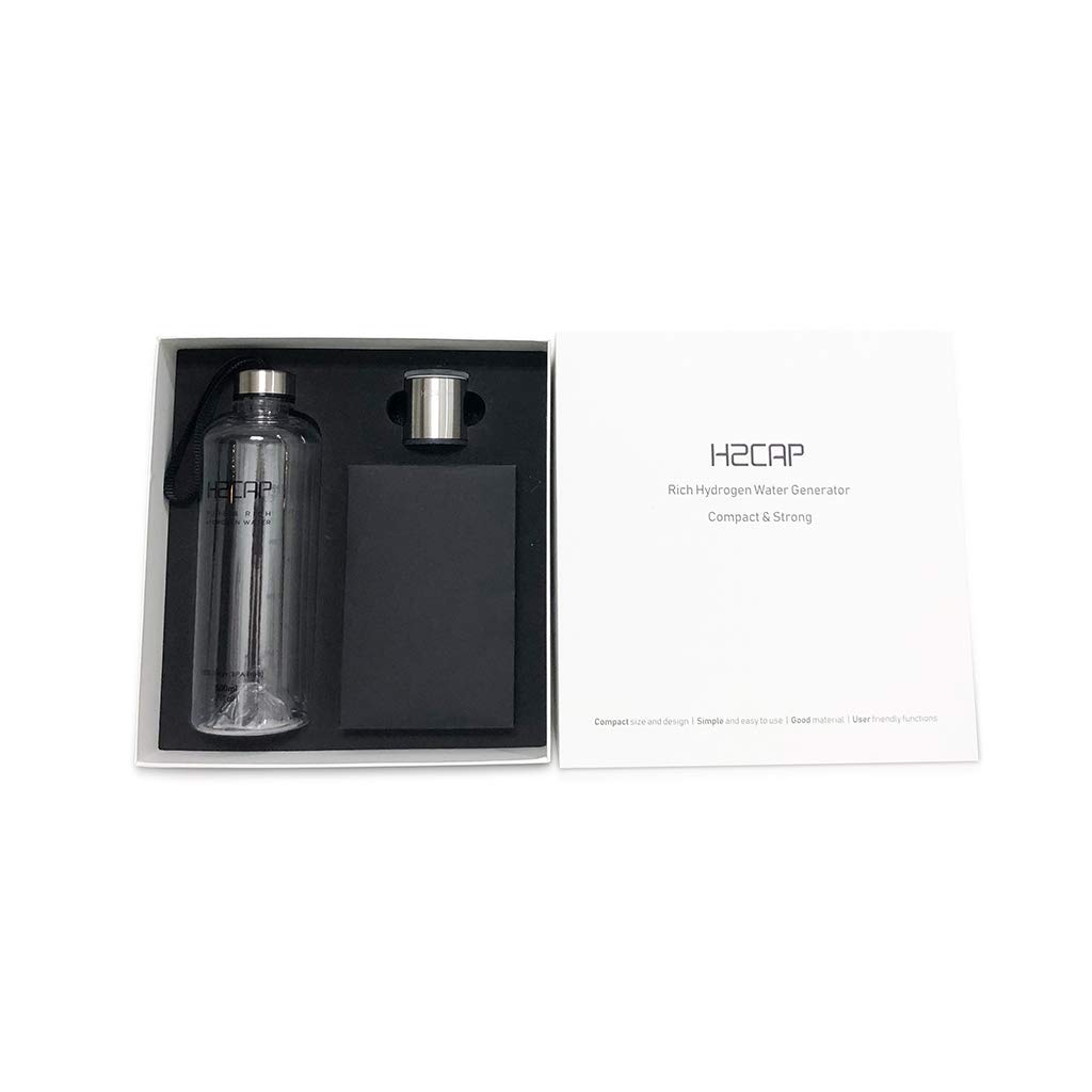 Contents of the H2CAP package laid out, including the generator, bottle, USB cable, descaler, user manual, and pouch.