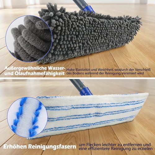 Masthome Wischmopp,Bodenwischer Set mit 4 Wischpads,Chenille Wischmopp mit 128cm Griff,Mikrofaser...