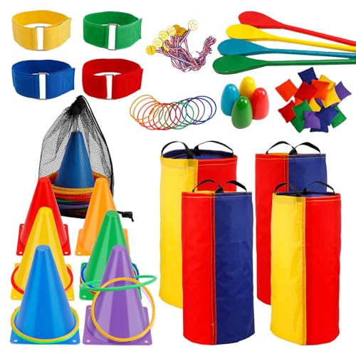 CACASO 55 PCS Outdoor Games,Carnival Toss Game Set,Potato Sack Race Bags,Bean Bag,Plastic Cones and Rings,Egg and Spoon Race Game,Outdoor Lawn Games for Kids Adults,Birthday Party,Family Party Games