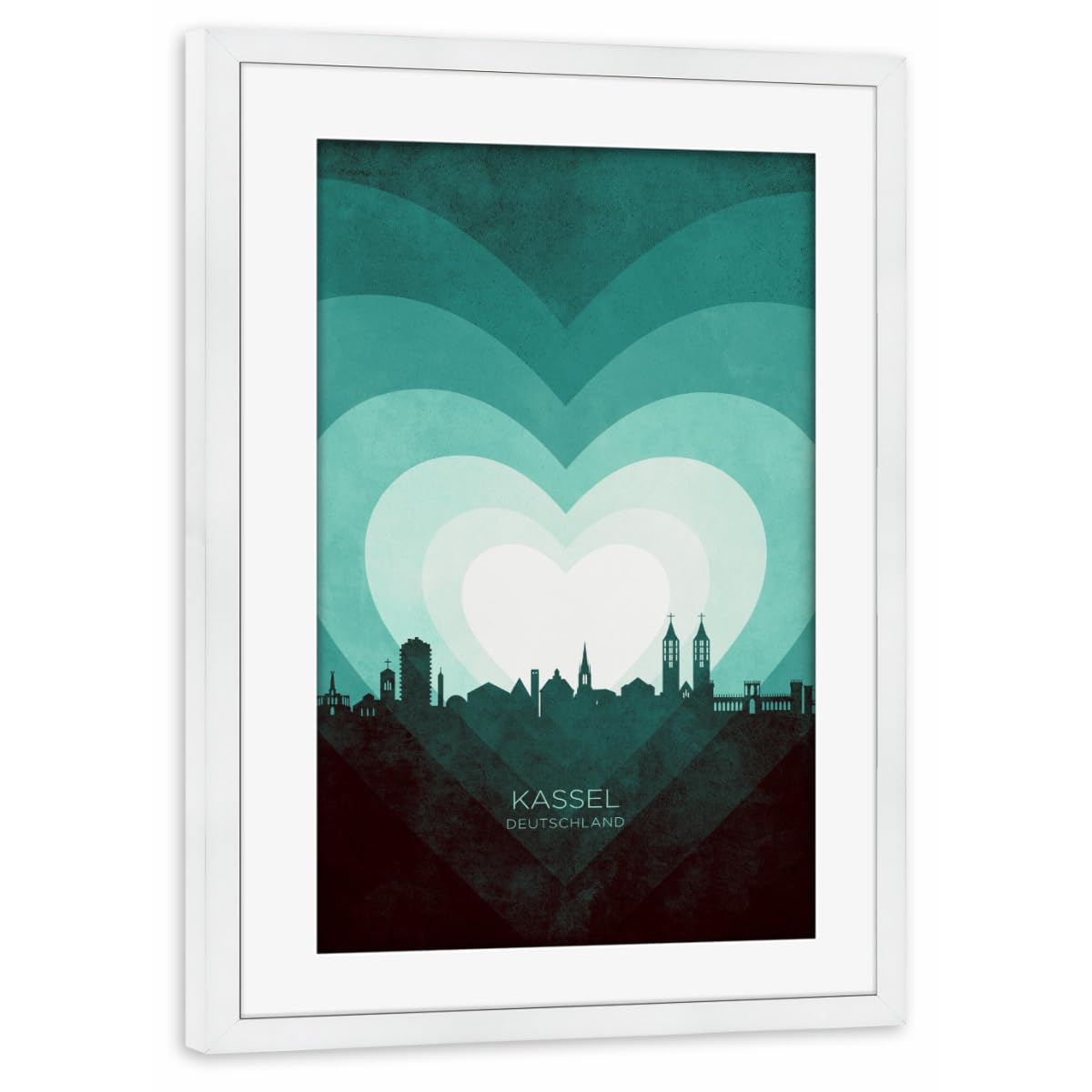 artboxONE Poster mit Rahmen weiß 45x30 cm Kassel Skyline Heart Teal von Michael Tompsett - gerahmtes Poster