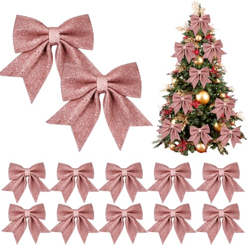 Eopvttge 12 Stück 12cm x 15cm Weihnachtsschleifen, Rose Gold Glitzer...