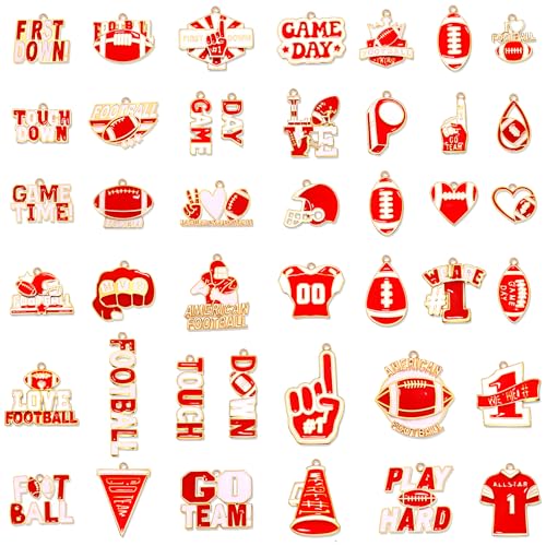 40PCS Game Day Charms for Bracelet Making Enamel Football Charms for Bracelet Necklace Earrings Jewelry Making DIY Football Mom Accessories Gifts (Red White)