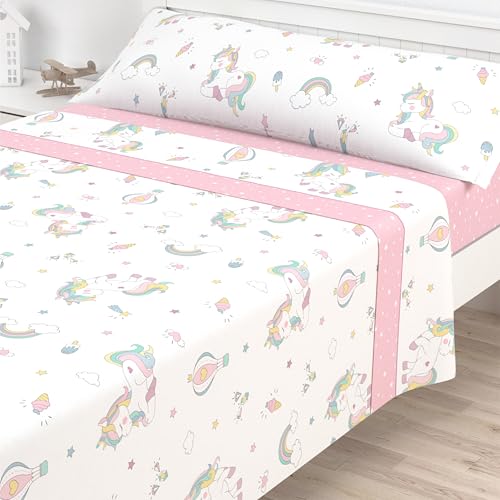 Liniva Home Juego de Sábanas Infantiles Algodón/Poliéster (Unicornios, 90 cm)