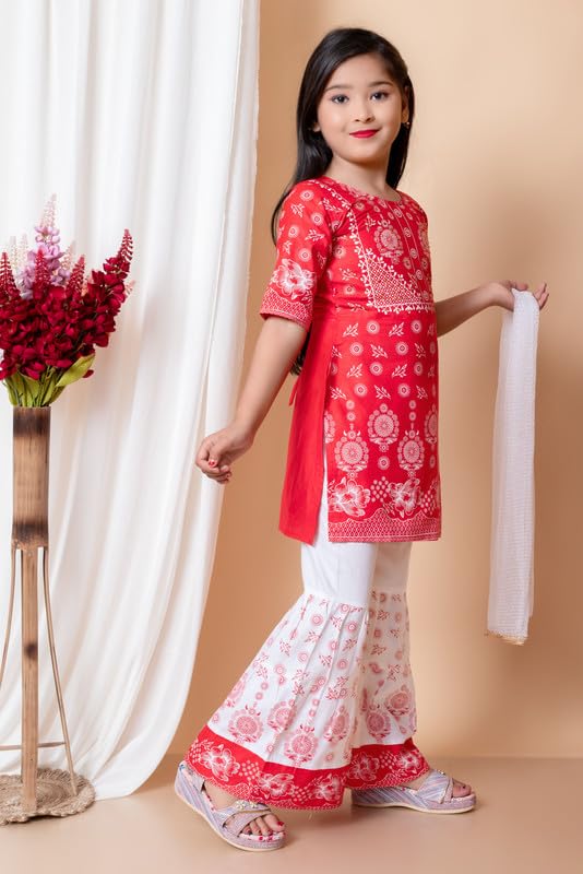 Image of Girls Ethnic Cotton Kurta and Straight Pant Set with Silky Dupatta