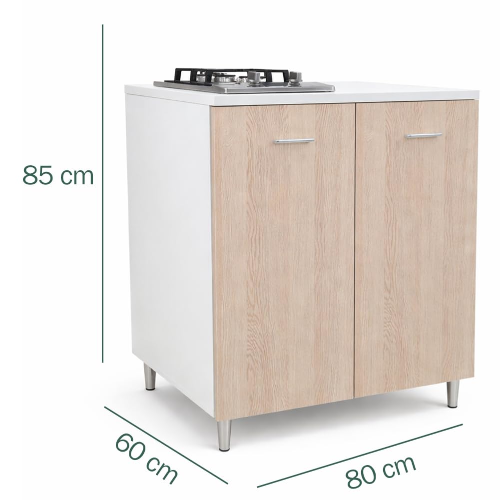 Shally Dogan Mueble base de cocina 2 puertas 80 x 60 x 85 cm con placa de cocción a gas 2 fuegos, placas de hierro fundido resistentes, montaje con patas fijas o ruedas, kit completo monobloque (Olmo)