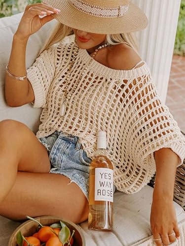 Chvity Women's Summer Crew Neck Short Sleeve Sweater Casual Off Shoulder Tops Hollow Out Crochet Coverups Pullover Knit Tops3