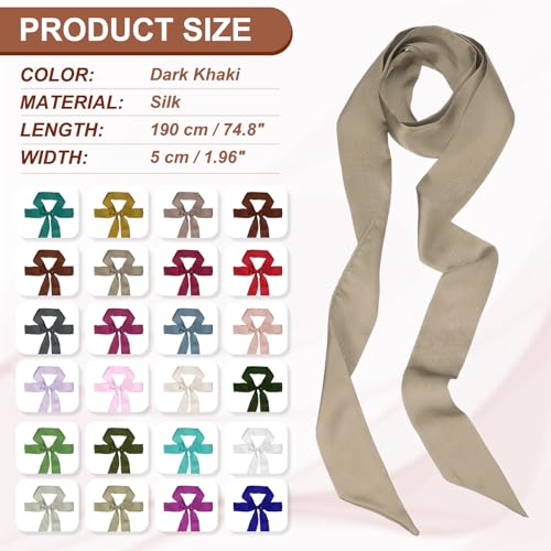 PATIKIL Stylish Ribbon Scarf, Solid Color Skinny Scarf Pure Long Neckerchief Silk Necktie Belts Sash Hair Scarves Headband Ribbon Tie for Women, Dark Khaki2