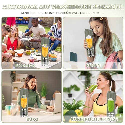 EasySpeed Tragbarer Mixer, 450 ml persönlicher Mini-Mixer, 1200 mAh elektrisch Typ C über USB, 10 Edelstahlklingen, 3 Geschwindigkeitseinstellungen, für Reisen und Büro, Grün