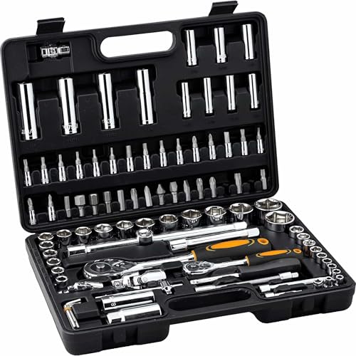 Hi-Q Tools Steckschlüsselsatz 94-teilig „Zoll“, sehr universeller Chrom-Vanadium Werkzeugsatz für ältere amerikanische und englische Modelle, Chrom, ¼ und ½ Zoll, zusätzlich 7 Innensechskantschlüssel 1 Hi-Q Tools Steckschlüsselsatz 94-teilig „Zoll“, sehr universeller Chrom-Vanadium Werkzeugsatz für ältere amerikanische und englische Modelle, Chrom, ¼ und ½ Zoll, zusätzlich 7 Innensechskantschlüssel