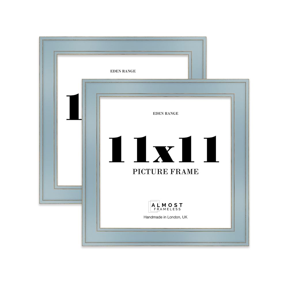 11x11 Cornflower Blue Picture Frame - Shabby Chic Photo Frame with Distressed Finish, Gold Trim, Wall Hooks and Kickstand, 37mm Edge - 2 Pack