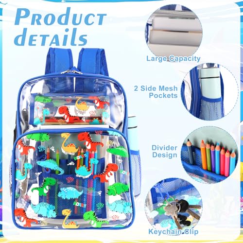 Kolewo4ever 3 Pieces Clear School Backpack Set Back to School Gift Blue Dinosaur Transparent Backpack with Lunch Bag and Pencil Pouch for Girl Boy Kid Heavy Duty Bookbags Middle School Travel Pack3
