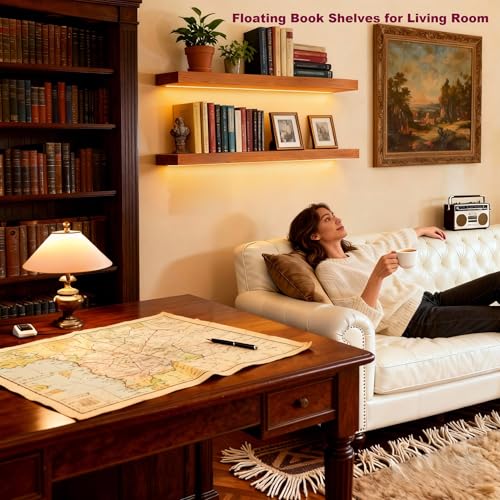 Image of ROGMARS 36 Inches Long Walnut Floating Shelves with Led Light | Rustic Solid Wood Farmhouse Wall Shelves with Invisible Brackets for Bedroom, Living Room, Kitchen, Bathroom Set of 2