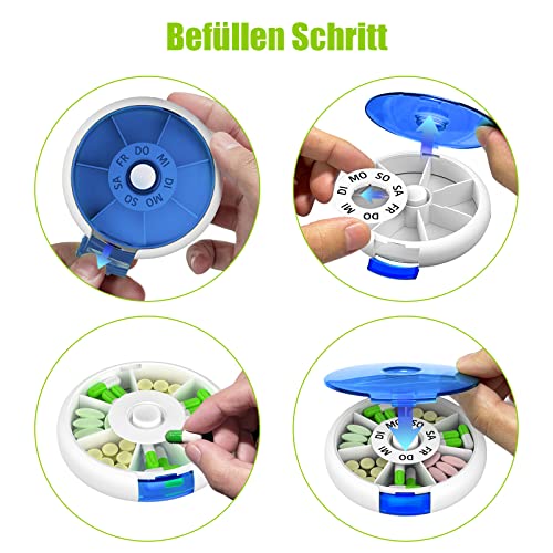 Jaduoher Tablettenbox 7 dagen rond pillendoosje medicijnbox kleine tablettendispenser tabletten weekbox 1 vak - blauw - Afbeelding 5