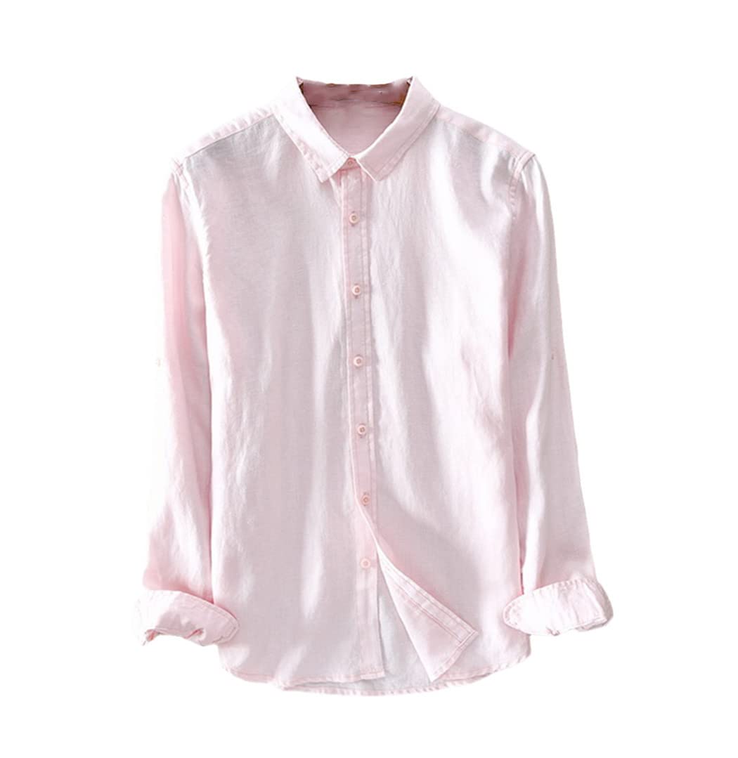 Italia estilo 100% lino camisa de manga larga, hombres casual sólido blanco camisas, rosa, M