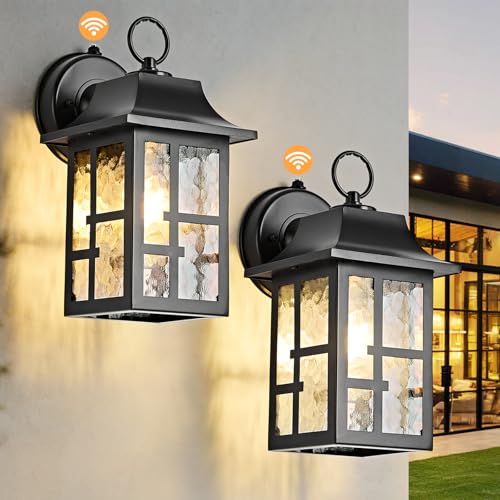 Image of OKELI Dusk to Dawn Outdoor Wall Lights, Exterior Waterproof Lantern, Front Porch Sconce Lighting with Water Ripple Glass Shade, Anti-Rust Wall Lamps Outside Lights for Garage (Black-SIZE-M-2pack)