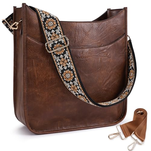 Image of HKCLUF Crossbody Bag for Women Vegan Leather Hobo Handbags Guitar Strap Purse Shoulder Bucket Bag with 2PCS Adjustable Straps