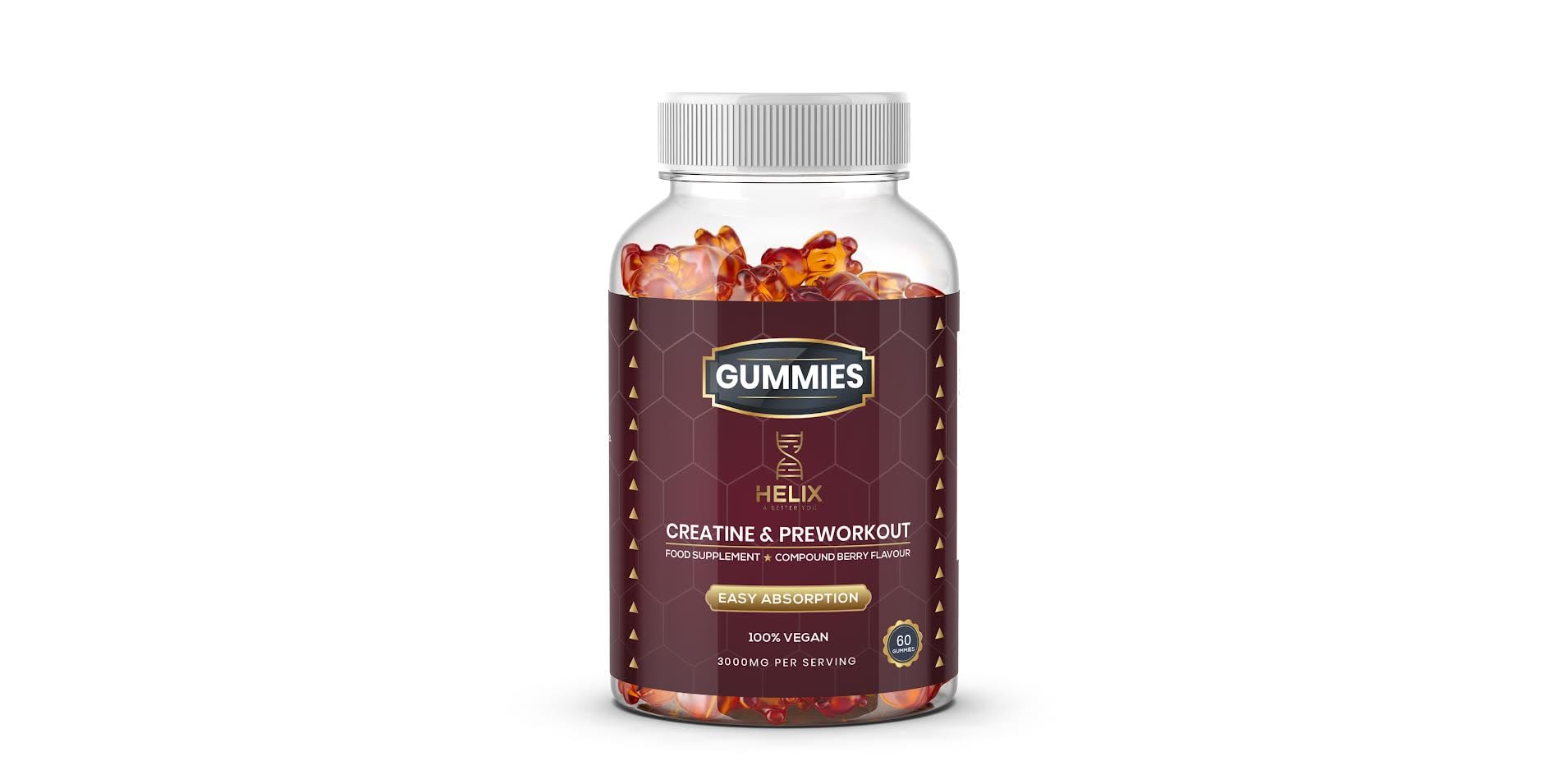 Helix Vita Creatine Gummies & Preworkout, Includes Creatine Monohydrate Powder and Pre Workout Powder, Fully Vegan - 60 Compound Berry Flavoured Gummies