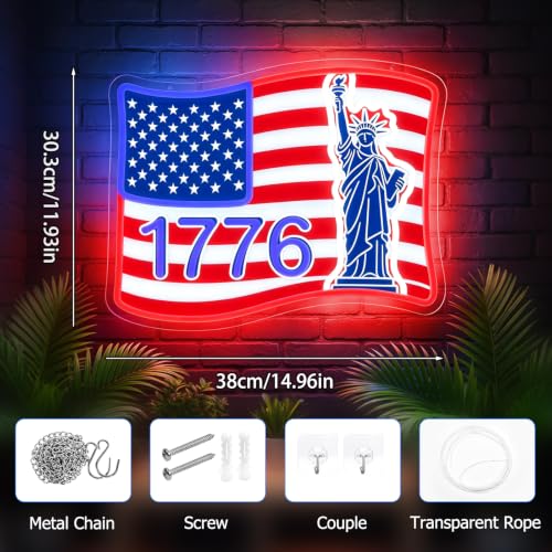 Image of 1776 USA Flag Neon Sign, Dimmable Statue of Liberty Patriotic LED Neon Lights for Wall Decor, 4th of July, Bedroom, Bar, Man Cave, Home, Garage, Christmas Birthday Party Gifts