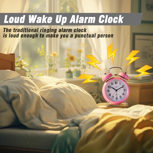 Image of AYRELY Super Loud Alarm Clock for Heavy Sleepers Adults,Twin Bell Retro 4 Inch Silent Non-Ticking Quartz with Backlight, Metal dial, Alarm Clocks for Bedrooms Bedside (Pink)