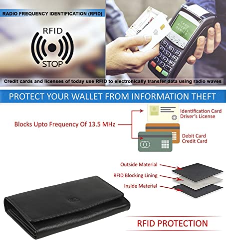 Image of Women's Top Grain Leather Wallet, RFID Blocking Bifold clutch, 17 Card Slots, Zip Pocket Organizer, Elegant Gift for Women - Birthday, Valentine, Anniversary - PEBBLES BLACK