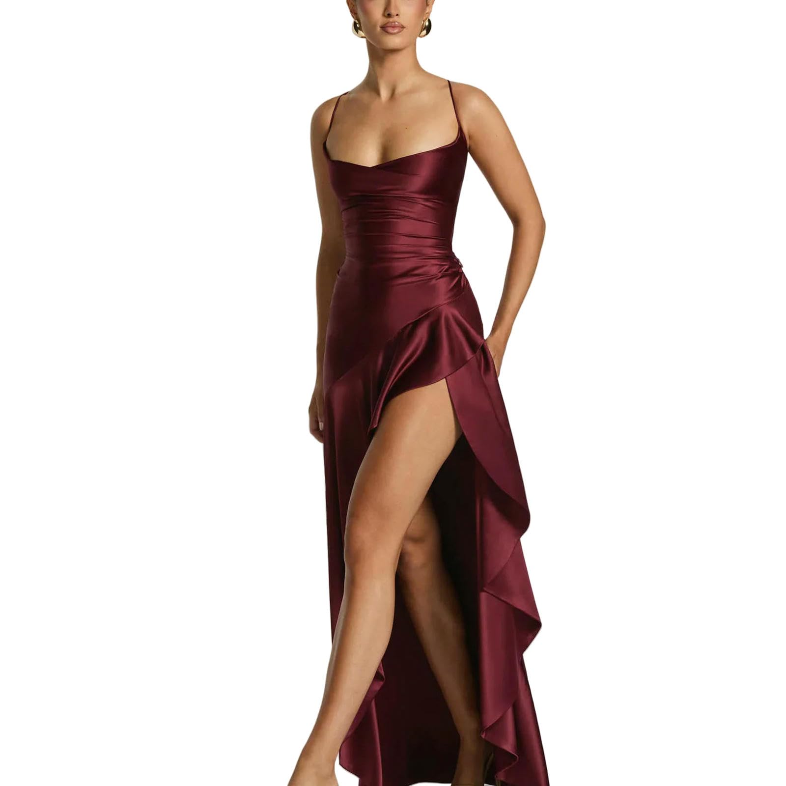 CHENSHI Sukienki na imprezę damskie eleganckie eleganckie spaghetti z satynowymi paskami rozcięcie maxi kobiety seksowne bez pleców z tyłu wieczorowe sukienka na plażę wakacje lato - granatowy - L
