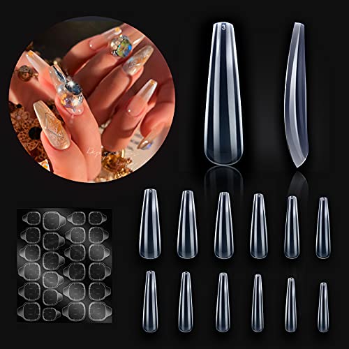 120 PCS Extra Long Coffin Nail, Clear Full Cover Nails Coffin Shaped XXL Ballerina Nails Tips for Nail Salons and DIY Nail Art, 12 Sizes
