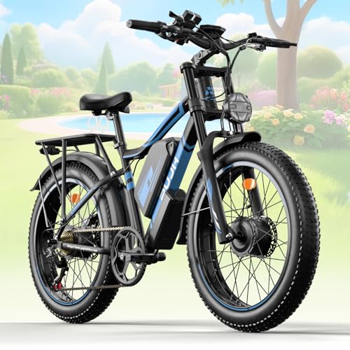PUJH 5000W 60V 25Ah Electric Bike for Adults, Dual Motors 24'' Fat Tire Fast 45mph up to 100 Miles Full Suspension Hydraulic Disc Brake Class 3 Ebike Off Road Mountain Hunting for Men (Black&Blue)