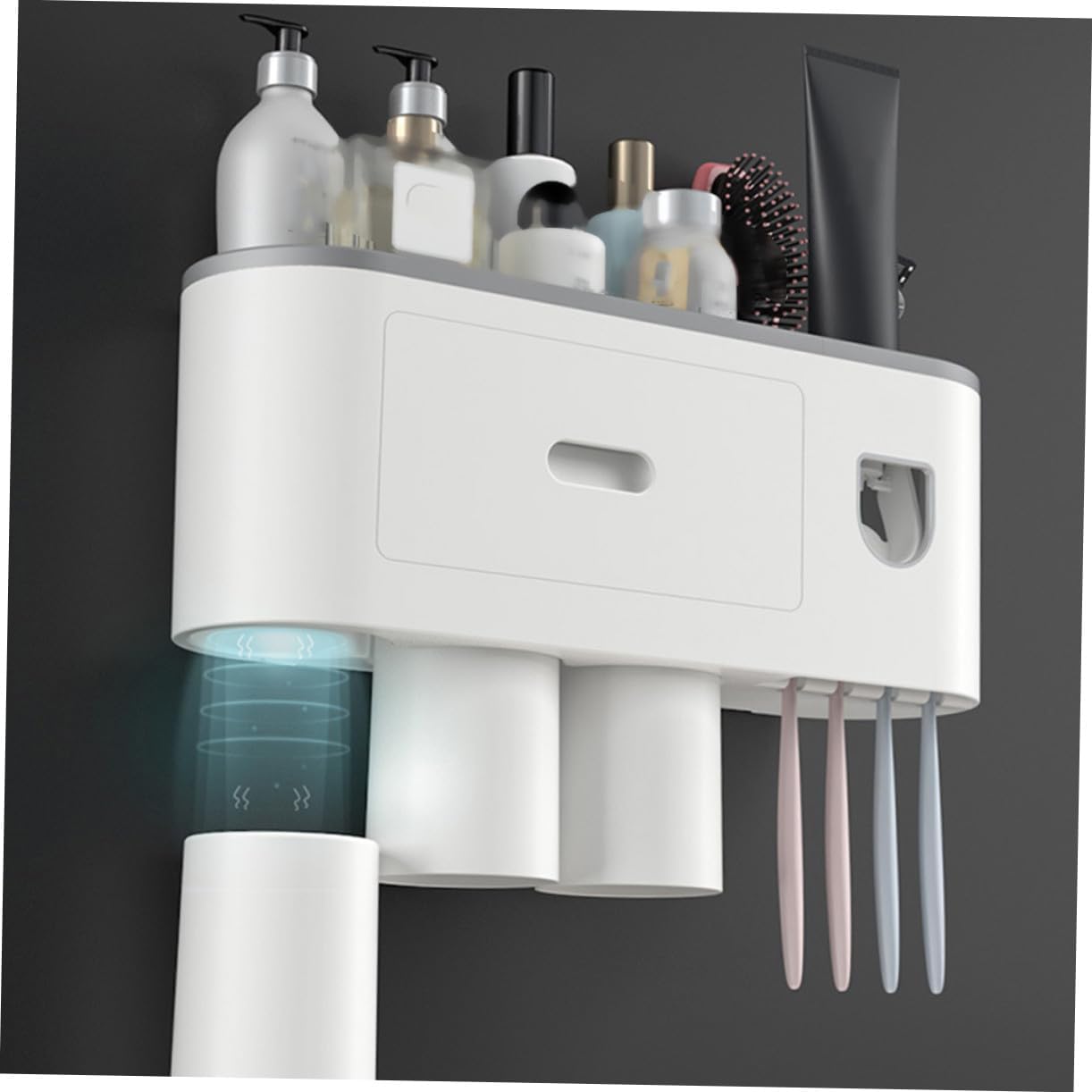 Creative Toothbrush Holder Wall Mounted Toothbrush Rack with Toothpaste Squeezer and Overhang Design Bathroom Organizer with Drainable Cups Easy Install Abs Storage for Accessories