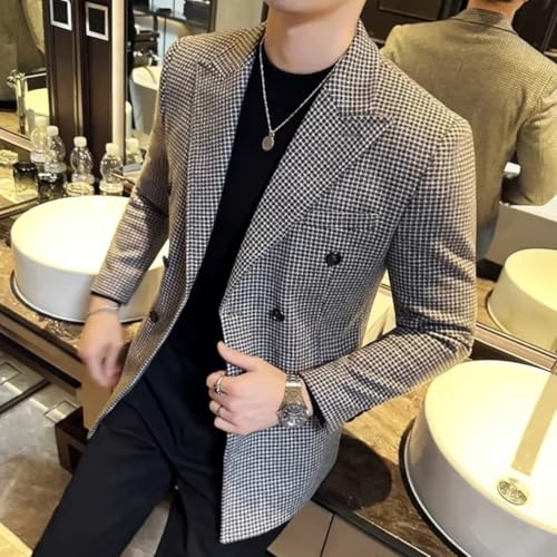 Men's Vintage Houndstooth Blazer Retro Double Breasted Peak Lapel Suit Jacket Formal Casual Sports Coat 5