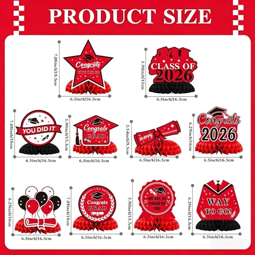 Image of Graduation Decorations 2026, 10PCS Graduation Centerpieces for Table Red Black Graduation Party Decorations Class of 2026 Congrats Grad Honeycomb Centerpieces Table Decor for Graduation Party Supplies