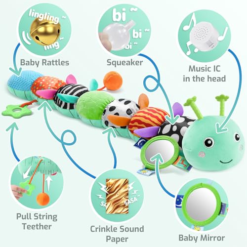 Image of Sumobaby Baby Toys 0-6 6-12 Months, Music Caterpillar Plush Toy with Baby Mirror, Pull String&Crinkle Rattle,Infant Teething Toys,Tummy Time for 0-3-6-12 Month Boys Girls Newborn Gifts (Blue-Leaf)