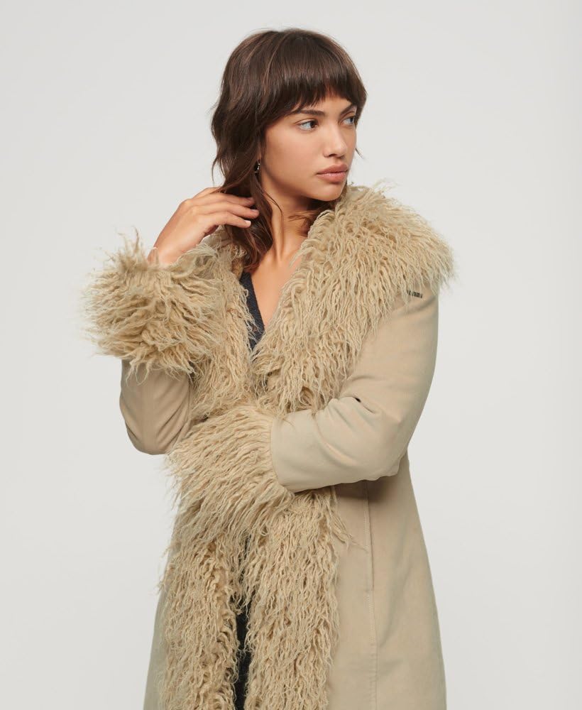 Superdry Damen Längerer, afghanischer Mantel mit Kunstfellfutter Stonewash Taupe Braun 38
