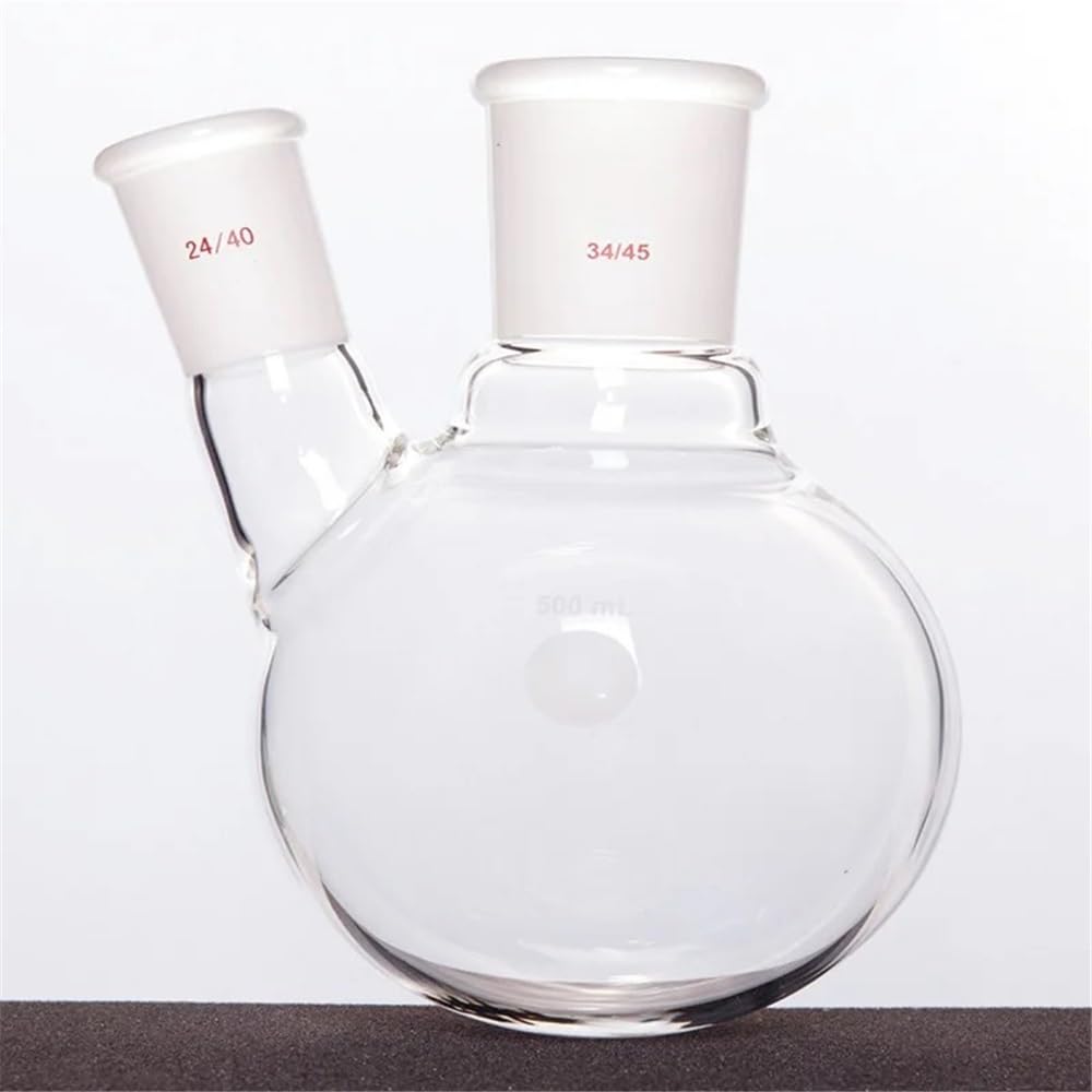 Laborglaswaren Dickwandige, schräge Flasche mit zwei Hälsen, Form eines Zweihalskolbens, Fassungsvermögen 500 ml, Borosilikatglas, F41(500mL-F414509)